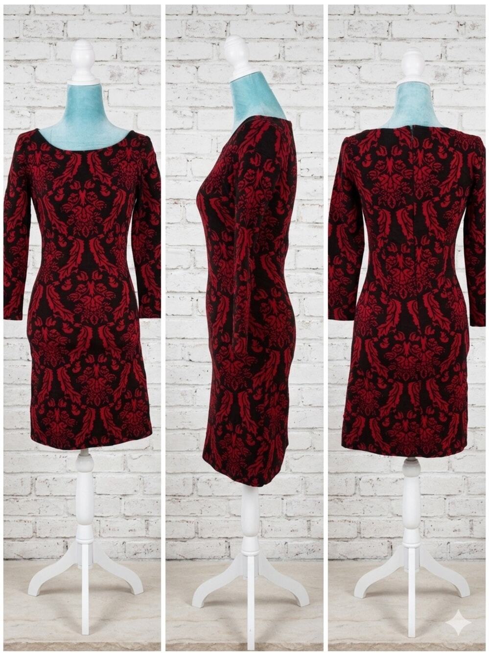BB Dakota Red Black Damask Lace Bodycon Dress Long Sleeve Holiday Party XS